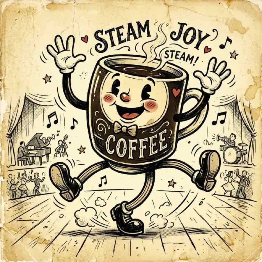A classic 1930s vintage rubber hose style cartoon illustration of a character with a cheerful smile, pie eyes, white cartoon gloves, and a retro ink-and-paint texture.