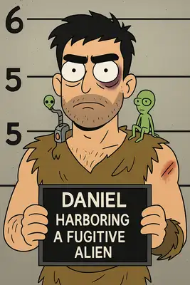 Make 18x24 image in a style of Rick and Morty that will look like a mug shot, with a character based on my photo standing in the centre. Add one "crime" attribute like bruise, scratch, wound.

Be playful with outfit - it can be spacesuit, mental asylum robe, caveman outfit.

Add some science fiction related details: a tiny alien sitting on a shoulder or a cyber implant. Dont overdo it.

Make me hold a card with name and crime reason. Make reason random, funny and satiric on par with Rick and Morty Style related to the details you added to the image.

Name: Daniel 