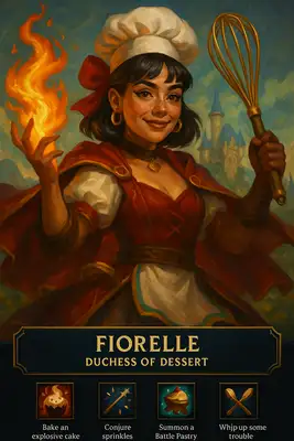 Create a stylized character splash screen inspired by the League of Legends in-game interface, using a semi-realistic, painterly fantasy art style.\nThe top section (first 10 rows of a clean 14-row vertical layout) should feature a dynamic illustration of a heroic fantasy character based on a real person’s face (use the provided photo), stylized but keeping facial features recognizable.\n\nThis character should be reimagined in a fantasy world setting where their core personality or hobby is exaggerated into a heroic archetype (e.g., if the person loves cooking, they become a magical combat chef). Outfit, accessories, and background should reflect this theme in a fun, whimsical, and epic way.\n\nIn the bottom 4 rows, include a dark-themed League-style UI with:\n• A character name (fantasy-style, derived from: )\n• A heroic/funny title based on: \n• A spell bar with 4 ability icons and short, absurd, and funny descriptions — each no more than a sentence.\n\n📏 Layout Rules:\n• Use a clean 14-row vertical grid.\n• Leave row 14 entirely empty for visual padding — no text, icons, or UI.\n• Ensure all text and ability icons are clearly separated from the image edge with generous margin.\n\n🎨 Output: Portrait, 18x24 ratio, clean League of Legends-style composition.