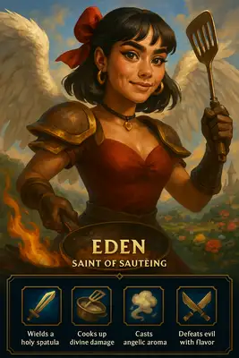 Create a stylized character splash screen inspired by the League of Legends in-game interface, using a semi-realistic, painterly fantasy art style.\nThe top section (first 10 rows of a clean 14-row vertical layout) should feature a dynamic illustration of a heroic fantasy character based on a real person’s face (use the provided photo), stylized but keeping facial features recognizable.\n\nThis character should be reimagined in a fantasy world setting where their core personality or hobby is exaggerated into a heroic archetype (e.g., if the person loves cooking, they become a magical combat chef). Outfit, accessories, and background should reflect this theme in a fun, whimsical, and epic way.\n\nIn the bottom 4 rows, include a dark-themed League-style UI with:\n• A character name (fantasy-style, derived from: Eden )\n• A heroic/funny title based on: Angel \n• A spell bar with 4 ability icons and short, absurd, and funny descriptions — each no more than a sentence.\n\n📏 Layout Rules:\n• Use a clean 14-row vertical grid.\n• Leave row 14 entirely empty for visual padding — no text, icons, or UI.\n• Ensure all text and ability icons are clearly separated from the image edge with generous margin.\n\n🎨 Output: Portrait, 18x24 ratio, clean League of Legends-style composition.