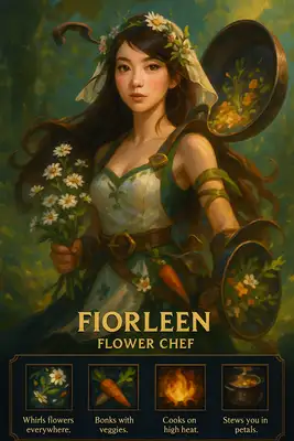 Create a stylized character splash screen inspired by the League of Legends in-game interface, using a semi-realistic, painterly fantasy art style.\nThe top section (first 10 rows of a clean 14-row vertical layout) should feature a dynamic illustration of a heroic fantasy character based on a real person’s face (use the provided photo), stylized but keeping facial features recognizable.\n\nThis character should be reimagined in a fantasy world setting where their core personality or hobby is exaggerated into a heroic archetype (e.g., if the person loves cooking, they become a magical combat chef). Outfit, accessories, and background should reflect this theme in a fun, whimsical, and epic way.\n\nIn the bottom 4 rows, include a dark-themed League-style UI with:\n• A character name (fantasy-style, derived from: )\n• A heroic/funny title based on: \n• A spell bar with 4 ability icons and short, absurd, and funny descriptions — each no more than a sentence.\n\n📏 Layout Rules:\n• Use a clean 14-row vertical grid.\n• Leave row 14 entirely empty for visual padding — no text, icons, or UI.\n• Ensure all text and ability icons are clearly separated from the image edge with generous margin.\n\n🎨 Output: Portrait, 18x24 ratio, clean League of Legends-style composition.
