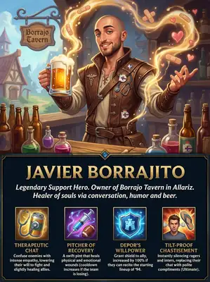 Create a stylized character splash screen inspired by the League of Legends in-game interface, using a semi-realistic, painterly fantasy art style.\nThe top section (first 10 rows of a clean 14-row vertical layout) should feature a dynamic illustration of a heroic fantasy character based on a real person’s face (use the provided photo), stylized but keeping facial features recognizable.\n\nThis character should be reimagined in a fantasy world setting where their core personality or hobby is exaggerated into a heroic archetype (e.g., if the person loves cooking, they become a magical combat chef). Outfit, accessories, and background should reflect this theme in a fun, whimsical, and epic way.\n\nIn the bottom 4 rows, include a dark-themed League-style UI with:\n• A character name (fantasy-style, derived from: JAVIER BORRAJITO)\n• A heroic/funny title based on: Legendary Support Hero. Owner of Borrajo Tavern in Allariz. Former Nurse Assistant who still heals people through conversations, humor and beer. League of Legends support main. Deportivo de La Coruña fan. High empathy, high charisma, low tolerance for tilt.\n• A spell bar with 4 ability icons and short, absurd, and funny descriptions — each no more than a sentence.\n\n📏 Layout Rules:\n• Use a clean 14-row vertical grid.\n• Leave row 14 entirely empty for visual padding — no text, icons, or UI.\n• Ensure all text and ability icons are clearly separated from the image edge with generous margin.\n\n🎨 Output: Portrait, 18x24 ratio, clean League of Legends-style composition.