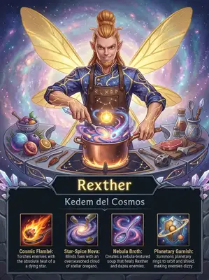 Create a stylized character splash screen inspired by the League of Legends in-game interface, using a semi-realistic, painterly fantasy art style.\nThe top section (first 10 rows of a clean 14-row vertical layout) should feature a dynamic illustration of a heroic fantasy character based on a real person’s face (use the provided photo), stylized but keeping facial features recognizable.\n\nThis character should be reimagined in a fantasy world setting where their core personality or hobby is exaggerated into a heroic archetype (e.g., if the person loves cooking, they become a magical combat chef). Outfit, accessories, and background should reflect this theme in a fun, whimsical, and epic way.\n\nIn the bottom 4 rows, include a dark-themed League-style UI with:\n• A character name (fantasy-style, derived from: Rexther)\n• A heroic/funny title based on: Kedem del Cosmos\n• A spell bar with 4 ability icons and short, absurd, and funny descriptions — each no more than a sentence.\n\n📏 Layout Rules:\n• Use a clean 14-row vertical grid.\n• Leave row 14 entirely empty for visual padding — no text, icons, or UI.\n• Ensure all text and ability icons are clearly separated from the image edge with generous margin.\n\n🎨 Output: Portrait, 18x24 ratio, clean League of Legends-style composition.