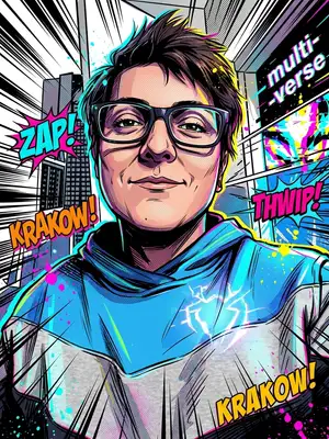 Transform this image into the style of Spider-Man: Into the Spider-Verse. Use high-contrast dynamic line art, halftone dot shading textures, bright neon paint drops, offset printing plate misalignment, and deep comic book shadows. Retain the character's facial features and posture but translate them into a stylized superhero or villain.