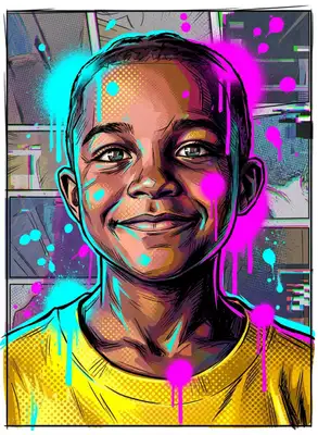 Transform this image into the style of Spider-Man: Into the Spider-Verse. Use high-contrast dynamic line art, halftone dot shading textures, bright neon paint drops, offset printing plate misalignment, and deep comic book shadows. Retain the character's facial features and posture but translate them into a stylized superhero or villain.