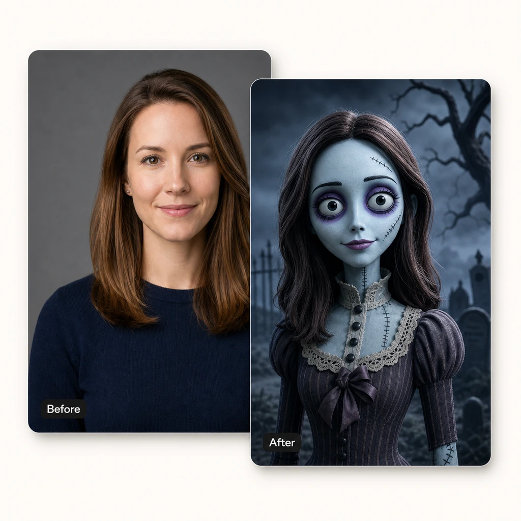Stop-Motion Corpse (Tim Burton) AI generation before and after comparison
